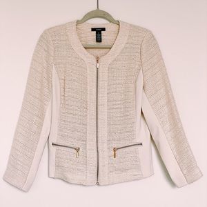 White Cream Tweed Knit Jacket Gold Zipper